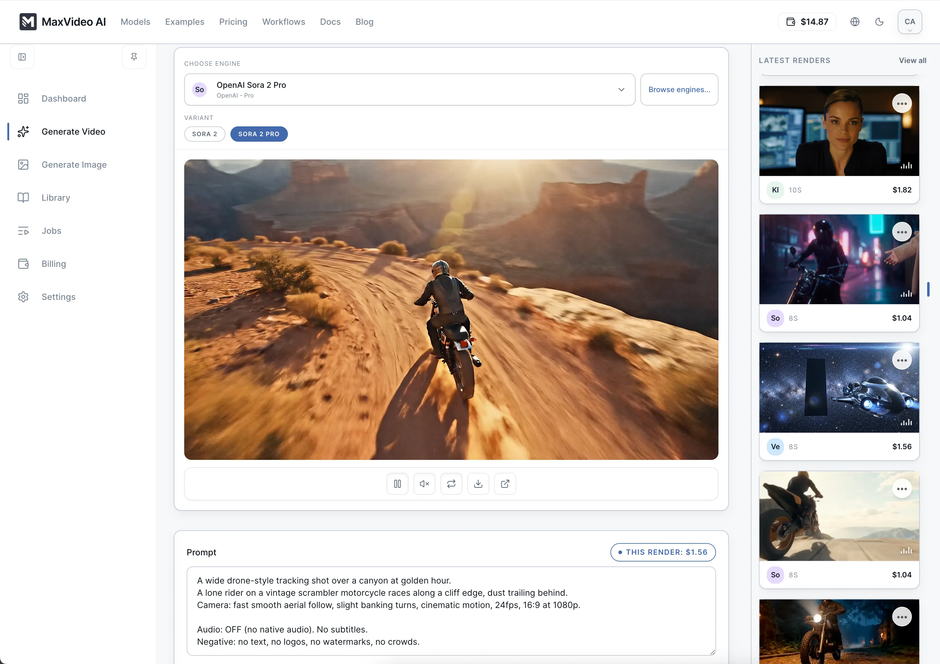 MaxVideo AI workspace showing the composer, live price chip, and gallery preview in a single dashboard.